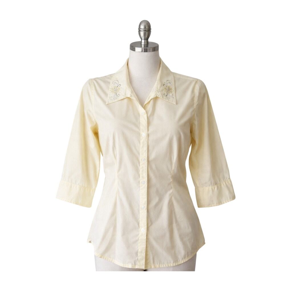 Vintage‎ Distinct Yellow Pinstripe Button-Up Shirt with Rhinestone Collar Size L